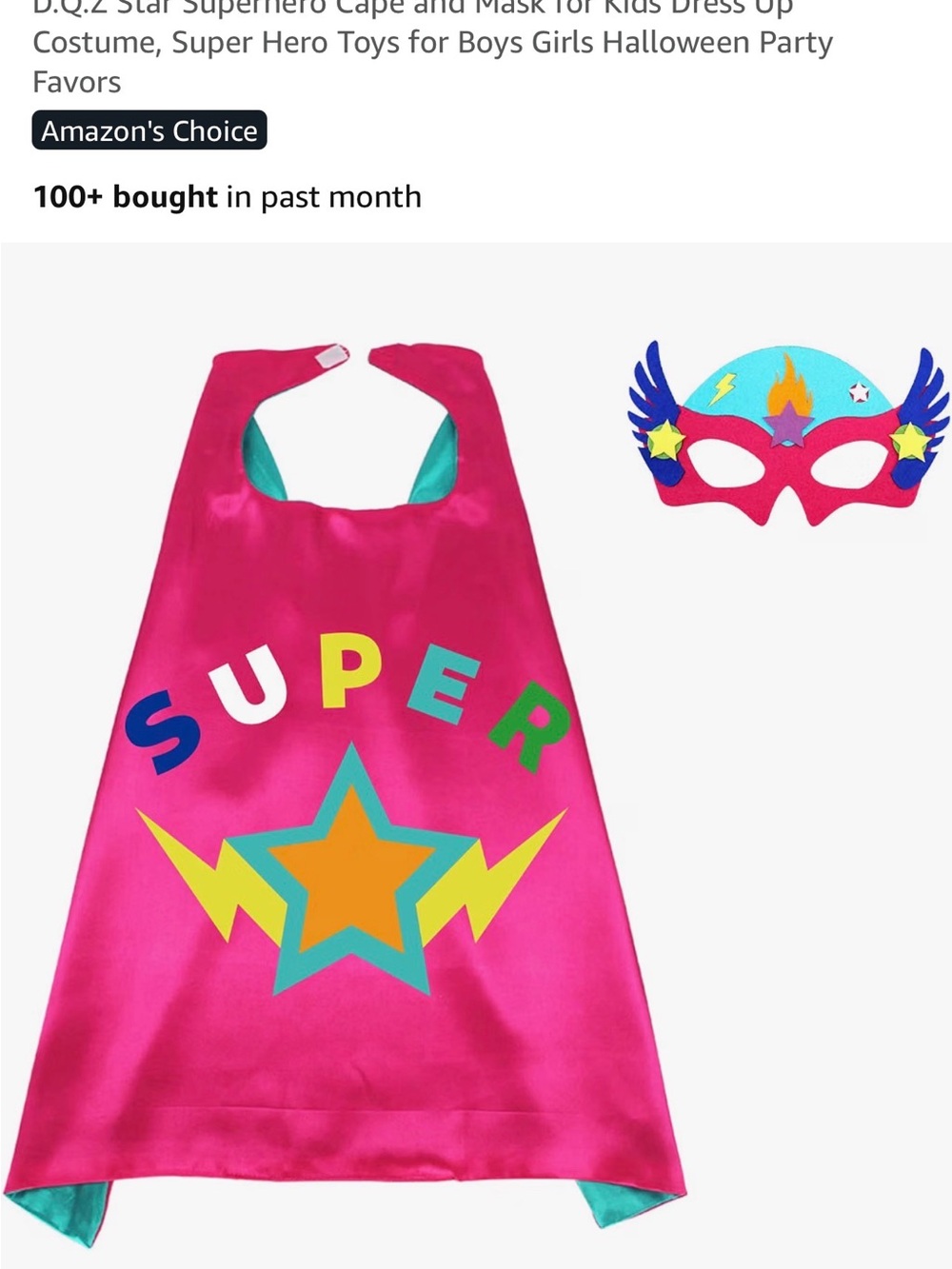 Kids Pink Superhero Cape and Mask Costume Set